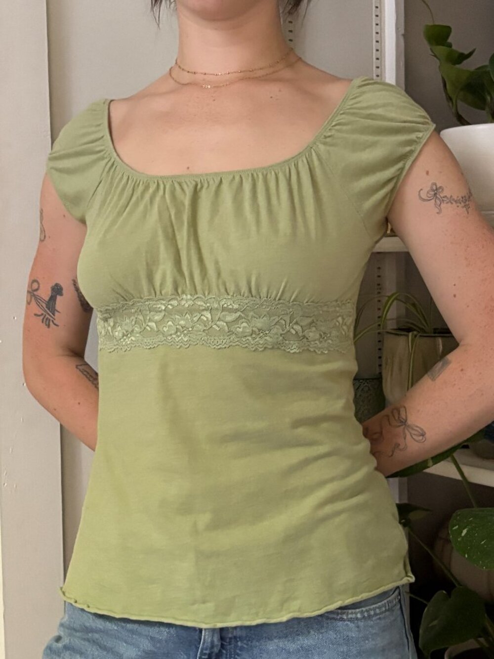 Vintage Fairycore Green Babydoll Lace-Waist Top - M